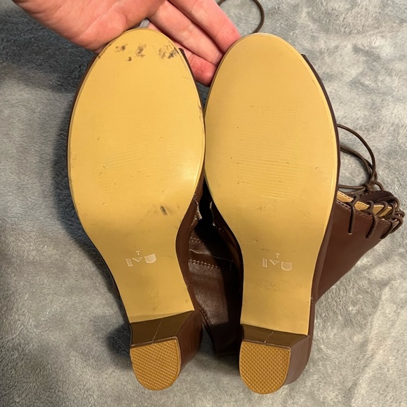NWOT Marais USA Vegan Leather Brown Lace Front, Side Zip Open Toe & Heel Booties - Picture 7 of 7